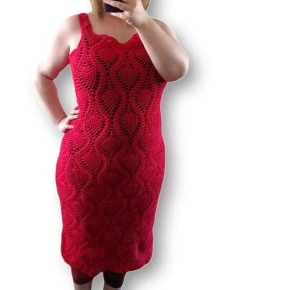 Hand Crafted Red Crochet Lace Gown M L XL 2X bodycon midi tube dress swim cover - Picture 7 of 11
